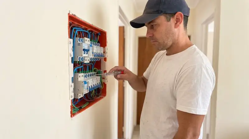 Electricista revisando un tablero con térmicas y disyuntor
