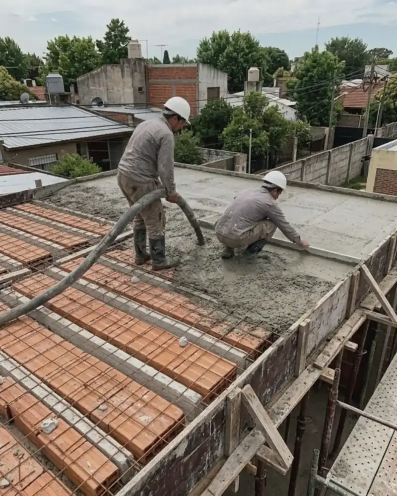 Dos obreros hormigonando una losa de viguetas y ladrillos cerámicos en una casa en construcción